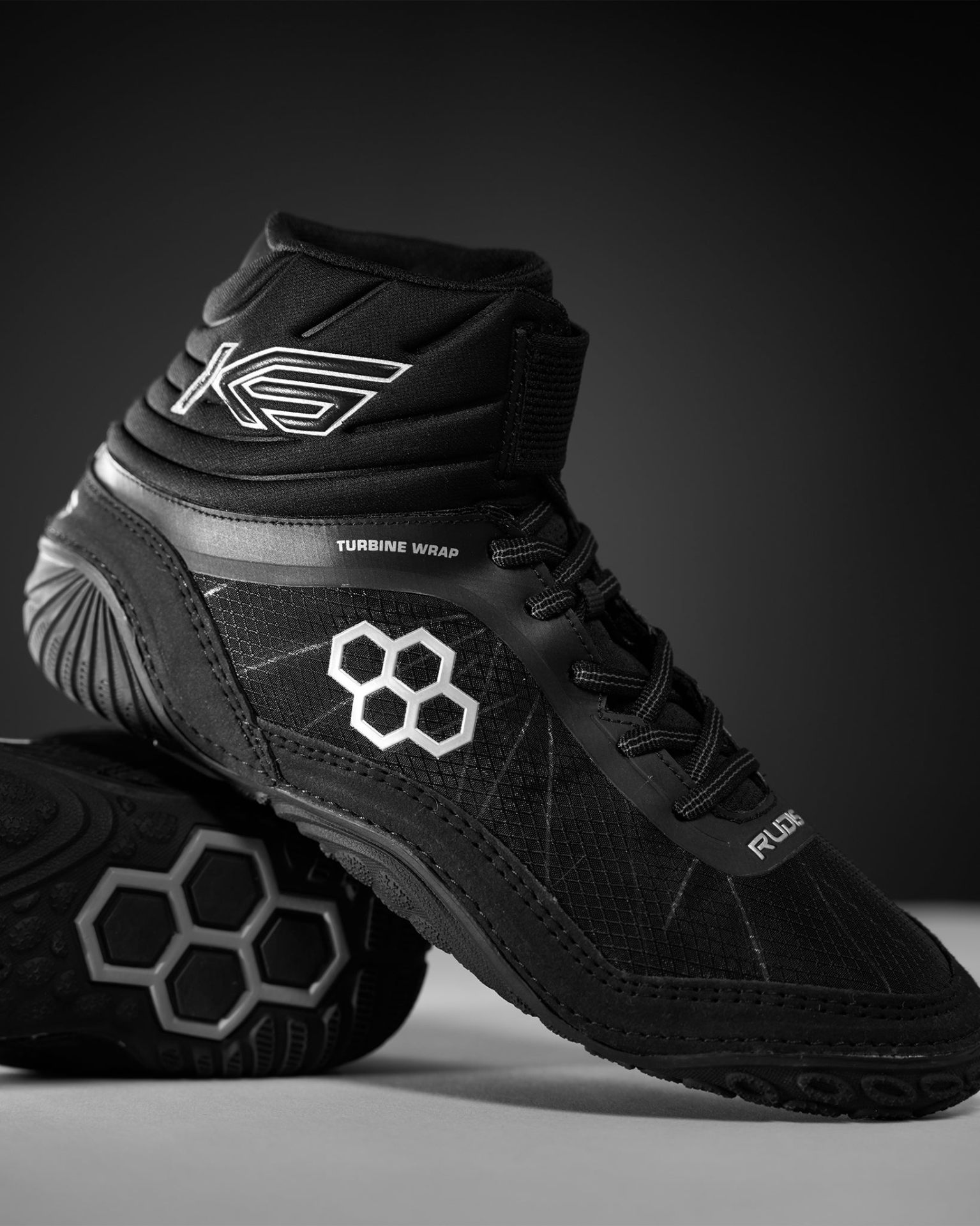 RUDIS Colossus Turbine — Triple Black — Stealth Black / Turbine Wrap wrestling shoes