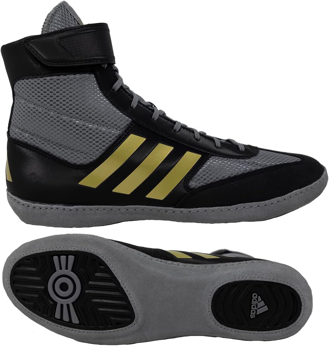 Adidas Combat Speed 5 — Grey/Gold — Grey / Metallic Gold / Black wrestling shoes