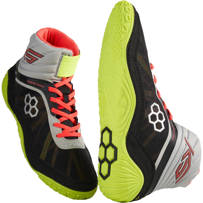RUDIS Colossus — Black/Volt/Coral — Black / Volt Sole / Coral Laces wrestling shoes